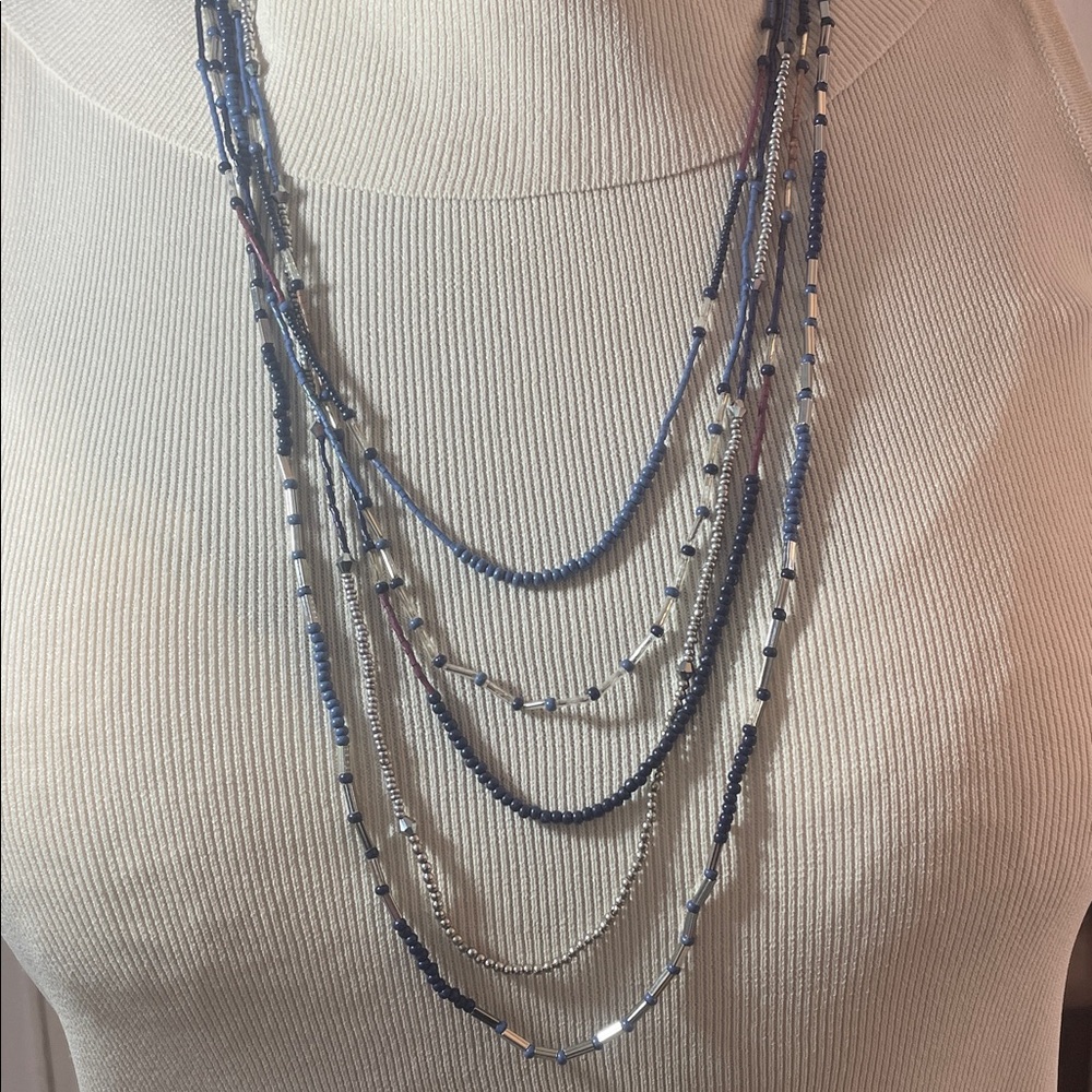Elegant Blue and Silver Layered seed bead Necklace 17” drop w/ 3” extender